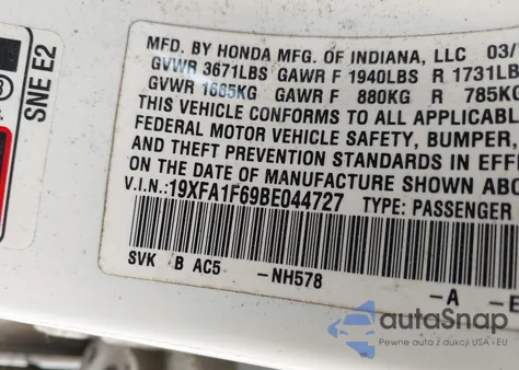 2011 Honda Civic Lx-S из США, поврежденный, VIN 19XFA1F69BE044727